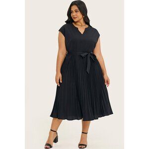 Black V-Neck Cap Sleeve Midi Dress